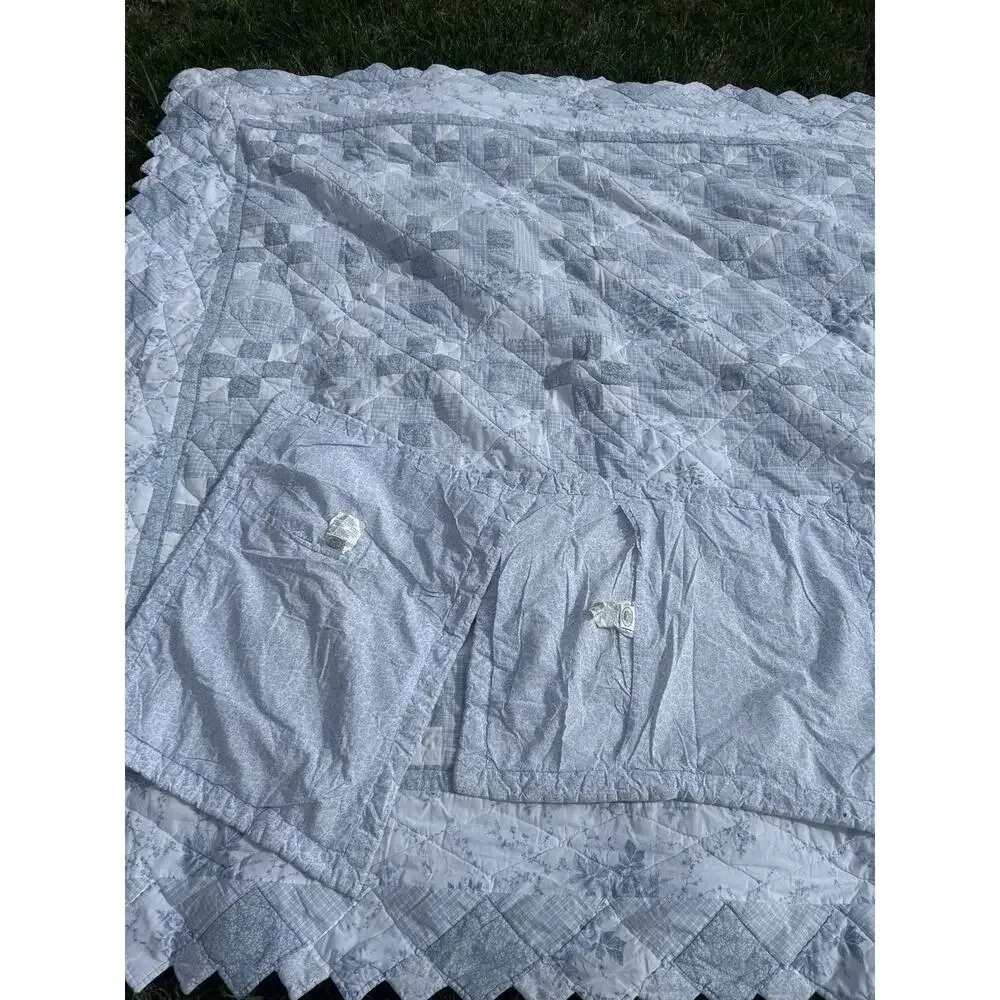 Vintage Laura Ashley Blue White Patchwork Quilt Full Queen 2 Shams 1990s